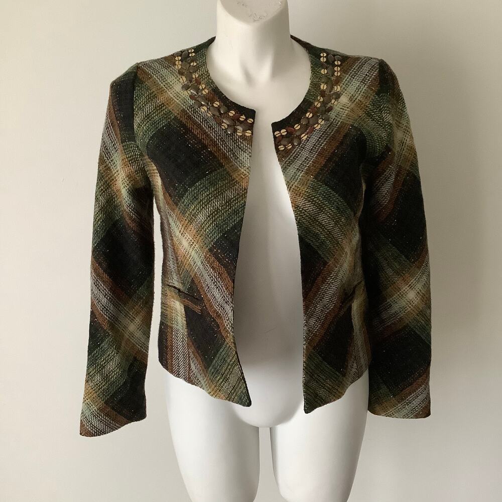Dressbarn Womens Argyle Embellished Long Sleeve Open Dressy Blazer Jacket Medium